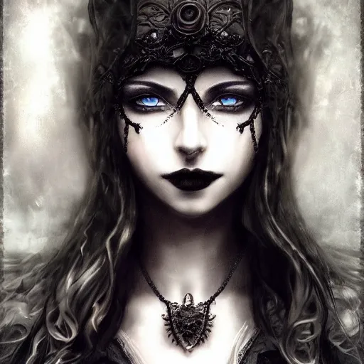 Image similar to full length portrait of a woman with timeless beauty & breathtaking eyes dressed in gothic attire, intricate, elegant, DSLR 8K, biblical art, realism, incomprehensible detail, final fantasy & silent hill aesthetic, photorealistic, lifelike, created by Razaras on deviantart