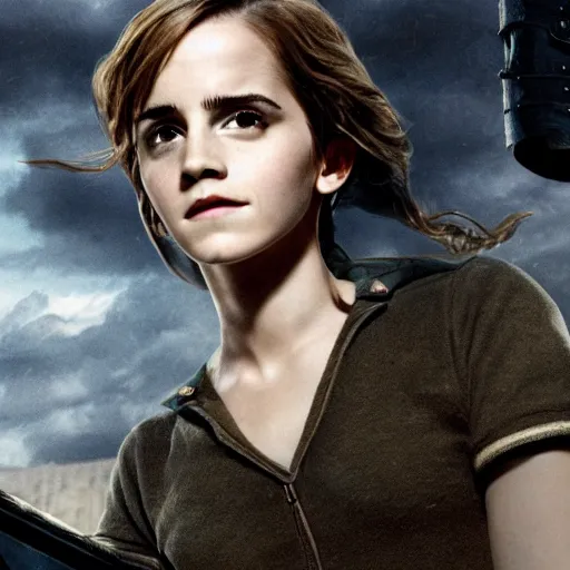 Image similar to Photo of Emma Watson as Hermione Granger on top of a tank in Hogwarts, establishing shot