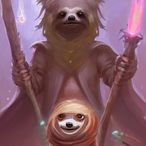 Image similar to cute little anthropomorphic sloth, wielding a magic staff, tiny, small, short, wizard robe, cute and adorable, pretty, beautiful, dnd character art portrait, matte fantasy painting, deviantart artstation, by jason felix by steve argyle by tyler jacobson by peter mohrbacher, cinema