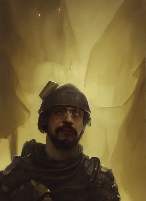 Prompt: Medium closeup Sam Hyde, idealistic and pious male Imperial soldier wearing a black tabard with light yellow accents over a gambeson and a steel open helm, by Raymond Swanland Greg Rutkowski Lise Deharm, {perfect face}, {perfect eyes}