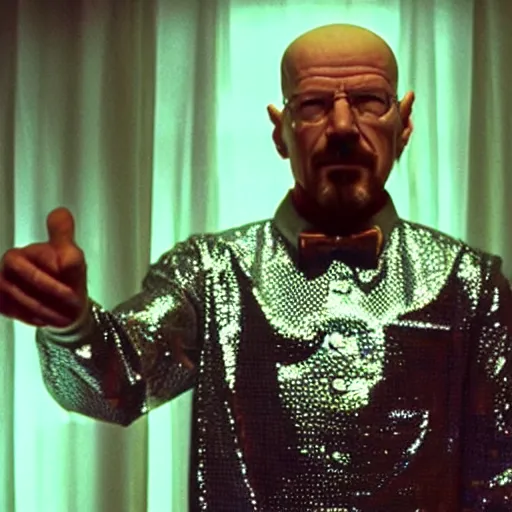 Image similar to A still of Walter White wearing a disco suit in Saturday Night Fever