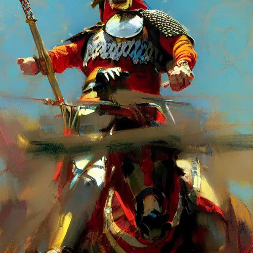 Prompt: close - up portrait of colorful rider holding jousting lance, caparisons, chainmail, by greg manchess, bernie fuchs, ruan jia, walter everett