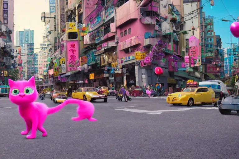 Image similar to film still from a pixar movie about a pink cat causing trouble in taipei