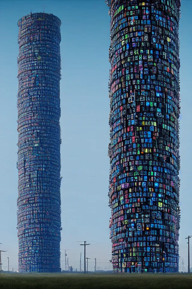 Image similar to cyberpunk tower made out of billions of stacked computer screens by simon stalenhag