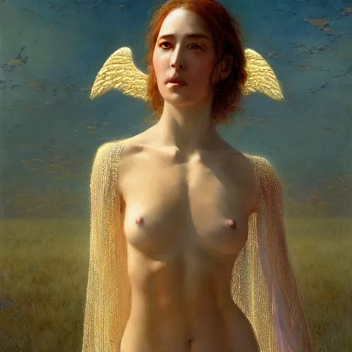 Prompt: epic masterpiece full body portrait a beautiful female angel, flawless skin, perfect body, perfectly formed translucent wings, golden light rays, by Edgar Maxence and Ross Tran and Michael Whelan