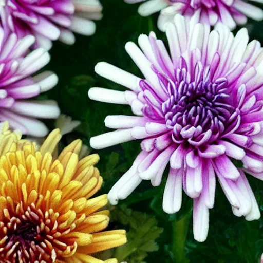 Prompt: single flower head from seed catalog showcasing a new variety of chrysanthemum. unique textures and patterns sure to please every gardener.