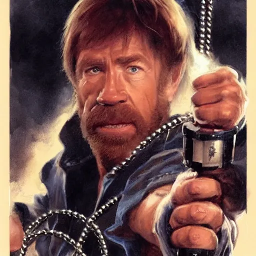 Image similar to cinematic action shot freeze frame portrait of Chuck Norris using nunchaku that are made out of two mini Chuck Norris's connected to each other at their ends by a short metal chain, golden ratio, art by greg rutkowski and frank frazetta and peter mohrbacher and marc silvestri