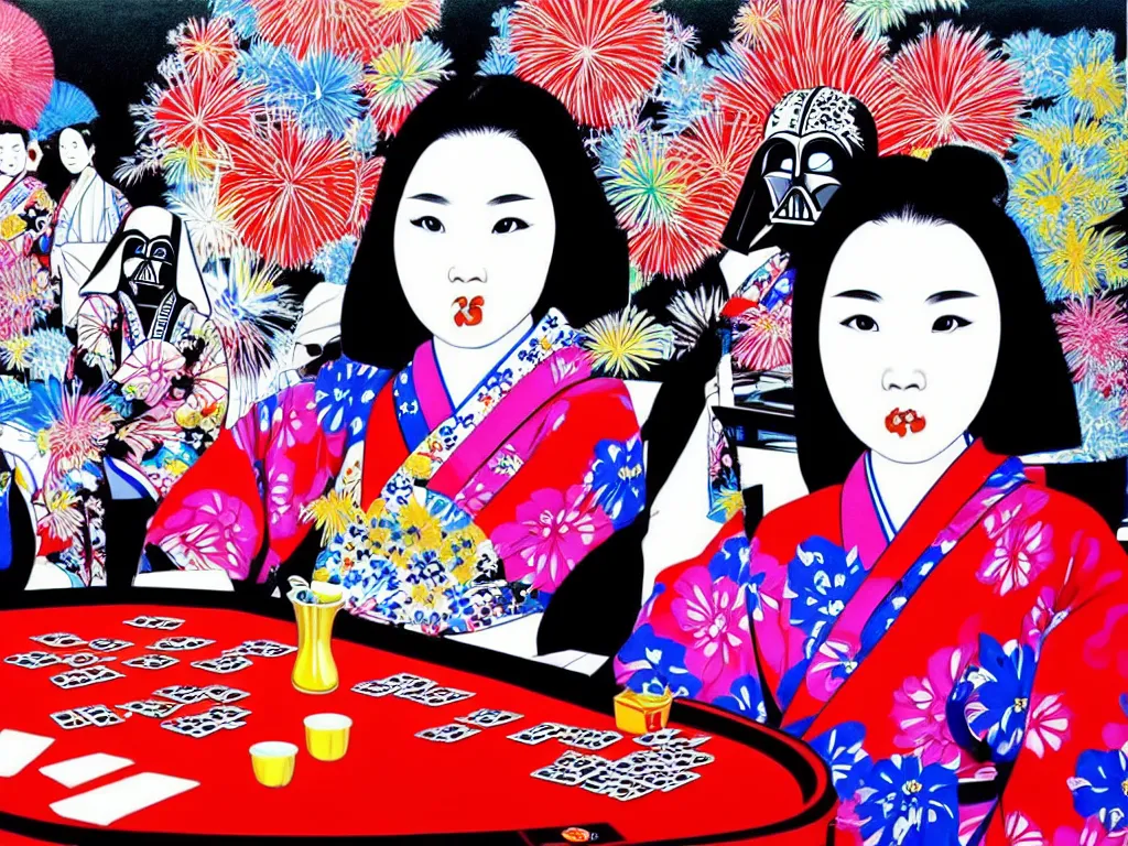 Image similar to hyperrealistic composition of the detailed woman in a japanese kimono sitting at a poker table with detailed darth vader, fireworks, mount fuji on the background, pop - art style, jacky tsai style, andy warhol style, acrylic on canvas