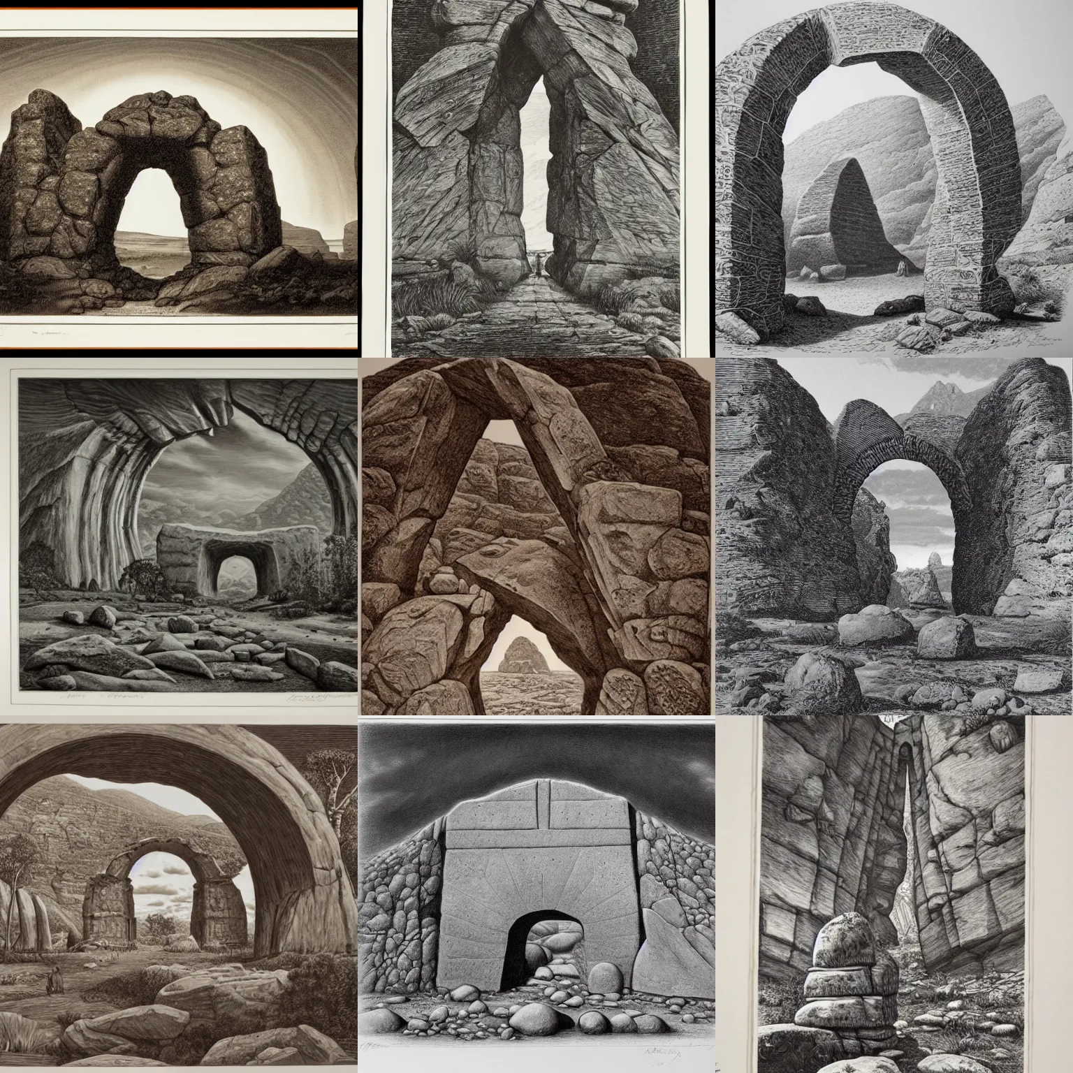 Prompt: a a spiritual selknam stone arch, engraving, by alex horley, aboriginal, symmetrically centered