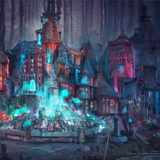 Image similar to Fantasy Toy Store Horror, Fantasy Hyper detailed digital matte painting, concept art, hyperrealism, Cinema 4D, 8k resolution, 64 megapixels, coherent, bokeh, CGSociety, ZBrush Central, behance HD, hypermaximalist, a masterpiece, 4K