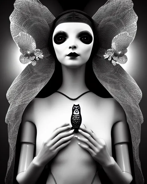 Image similar to surreal mythical dreamy dark artistic black and white fine art 3 / 4 fashion portrait photo of a young beautiful delicate female robot - witch - owl with orchid - doll face, rim light, cinematic, studio dramatic light, poetic, masterpiece, octane render, 8 k, photo - realistic by gustave dore william black