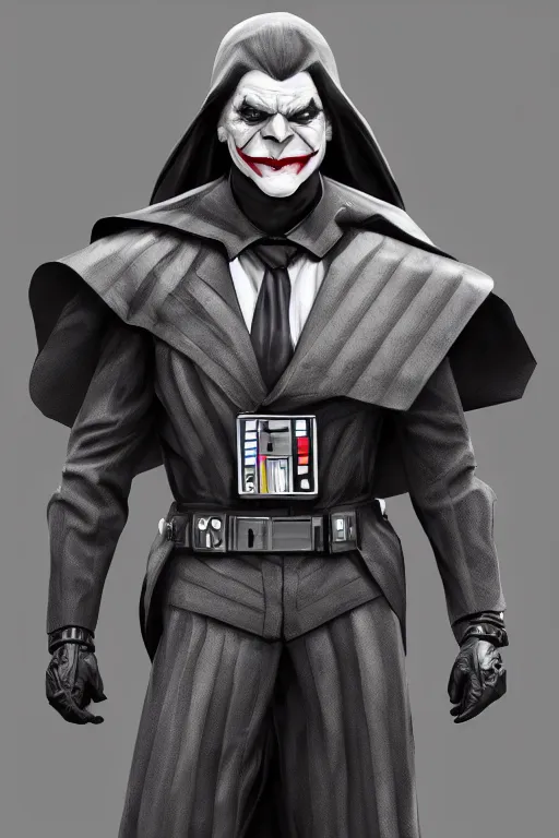 Prompt: Joker dressed in vader's armor suit, cosplay, full character, artstation, highly detailed, highly realistic