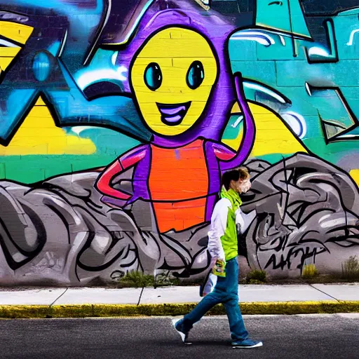 Image similar to friendly alien with starship, graffiti, from a distance, people walking in front, detailed, realistic