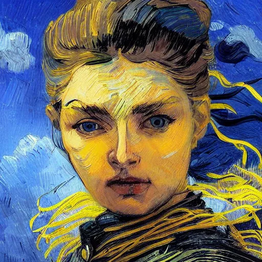 Prompt: ukrainian beautiful woman - warrior in the battlefield, wind, dramatic sky, elegant, powerful, epic painting, high quality, profound gaze, yellow and blue ribbons, emotionally touching, in the style of rembrandt, vincent van gogh