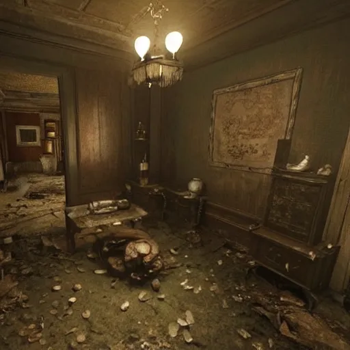 Image similar to room of a dark mansion, objects from ritual in the ground, realistic, highly detailed, background of resident evil game