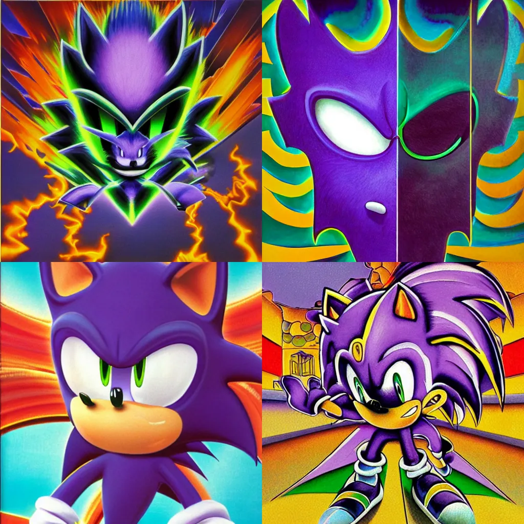 Prompt: surreal, sharp, detailed professional, high quality airbrush art album cover of New Age pagan imagery in the vague shape of sonic the hedgehog, purple checkerboard background, 1990s 1992 Sega Genesis box art
