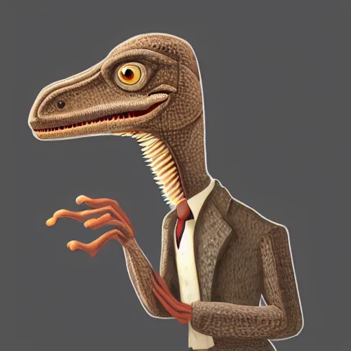 Image similar to a photo of an anthropomorpich velociraptor wearing a suit and talk with a phone, realistic, photorealism, detailed, 8k