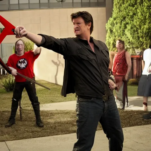Prompt: Nathan Fillion throwing big red down arrow