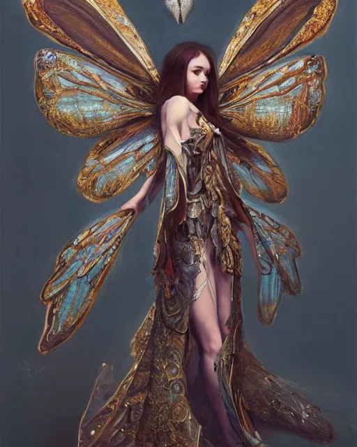 Image similar to Moth Fairy Maiden with large moth like wings wearing ornate dress by Ruan Jia and Andrei Riabovitchev, featured on Artstation, Hyperdetailed, stylized, realistic oil on linen, masterpiece, fantasy, dark academia