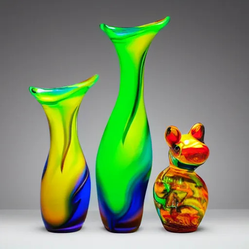 Prompt: murano glass vase shaped like animals, neon lighting showcase, professional photo, 8 k, 4 k, studio lighting