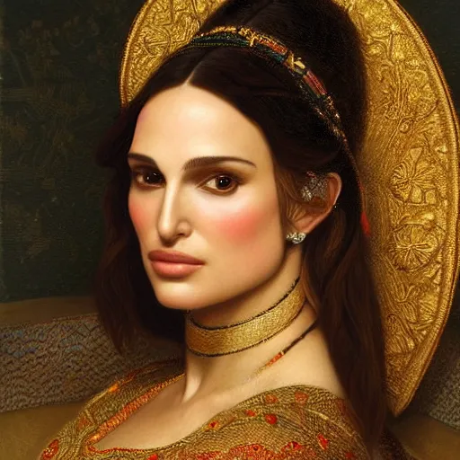 Image similar to beautiful_golden_portrait_of_a_Natalie_Portman_a s_Grand Odalisque_intricate_oil_paintingby Jo hn_William_Godward_by_Anna_Dittman_by J-H 768-C9.0