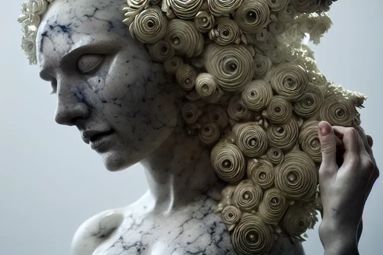Image similar to a sculpture of a beautiful woman with flowing tears, fractal flowers on the skin, intricate, a marble sculpture by nicola samori, behance, neo - expressionism, marble sculpture, apocalypse art, made of mist, still frame from the prometheus movie by ridley scott with cinematogrophy of christopher doyle, arri alexa, anamorphic bokeh, 8 k