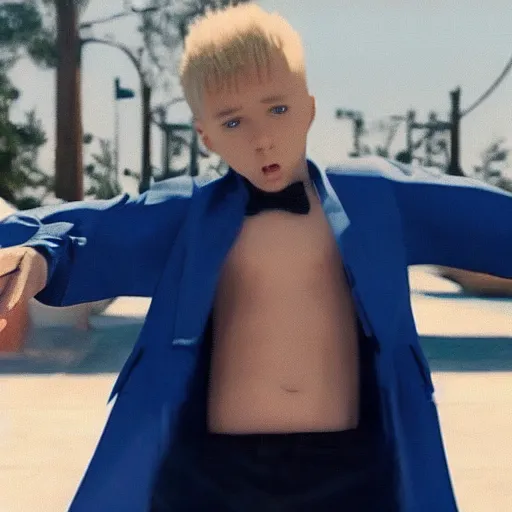 Image similar to an in-game screenshot of blonde hair blue eyed boy in rap music video