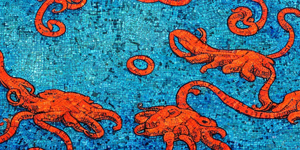 Image similar to roman mosaics of a orange kraken sinking a ship