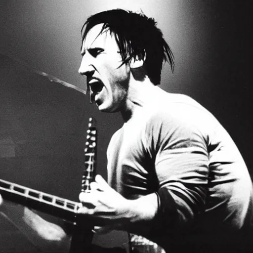 Prompt: Trent Reznor screaming and smashing a guitar on a synthesizer, ultrafine detail, high contrast, projections, associated press photo, masterpiece