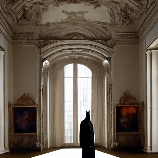 Image similar to Batman standing in giant Italian modern castle living room, clean minimalist design, that is 1300 feet tall, with very tall giant walls filled with modern art paintings, doors that are cosmic portals, photo by Annie Leibovitz