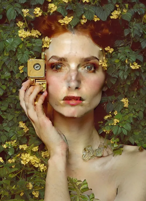 Image similar to hyper realistic photographer looking through a vintage camera, design on white background, beautiful details, lush foliage, gold, drawn by john singer sargent, tom bagshaw, norman rockwell, alphonso mucha, lolish, trending on artstation