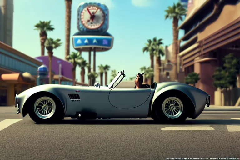 Prompt: a wholesome animation key shot of!! one!! focused!! ac cobra!! in shiny reflective stainless steel, in a las vegas street, medium shot, studio ghibli, pixar and disney animation, sharp, very detailed, high resolution, rendered in unreal engine 5, anime key art by greg rutkowski, bloom, dramatic lighting