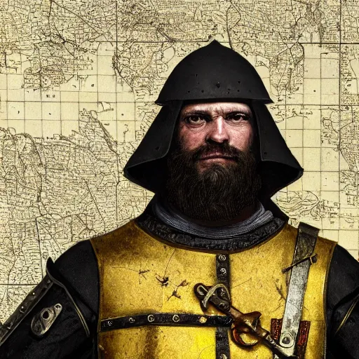 Prompt: Closeup of frustrated male medieval sergeant with a {short} beard wearing a black!!!! and yellow tabard over a steel breastplate and a black gambeson looking up from a map on a table, intricate, dramatic lighting illustration by Greg Rutkowski, ArtStation, digital art, fantasy