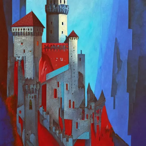 Prompt: a painting of a castle with a waterfall in front of it. digital painting, vertical, intricate, beautiful, detailed, grunge, sharp focus, abstract art by el lissitzky and artgerm and kandinsky, trending on artstation. blue, dark red and dark purple color scheme, gradient darker to bottom