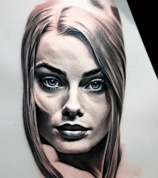 Prompt: mash up tattoo sketch of margot robbie with beautiful mountain scenery, double exposure effect, in the style of arlo dicristina, hyper realism, amazing detail, sharp