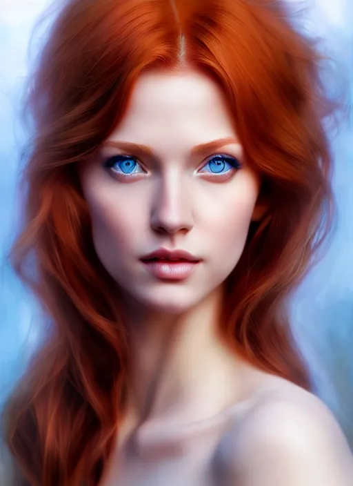 Image similar to portrait photo of a gorgeous young redhead woman with blue eyes in the style of stefan kostic, realistic, sharp focus, 8k high definition, insanely detailed, intricate, elegant, art by stanley lau and artgerm