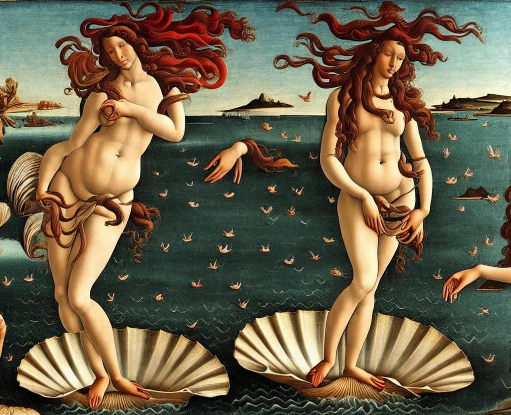 Prompt: Botticelli The birth of Venus as a pretty African woman rising from the sea on a shell, accurate face