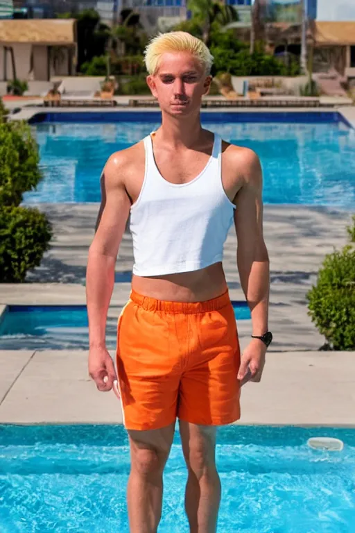 Image similar to a handsome man with blonde hair who is also a male android, ken, muscular, wearing a cut-off white crop top and short light orange shorts stands by a swimming pool, shiny skin, robotic pose