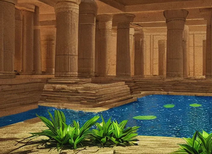 Image similar to Ancient Egypt interior with a pond and plants, digital art