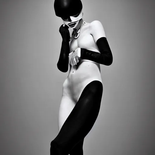 Image similar to fashion black and white photography of an alien model, wearing demobaza fashion, inside berghain, berlin fashion, harness, futuristic fashion, dark minimal outfit, photo 3 5 mm leica, hyperdetail, berghain, 8 k, very detailed, photo by nick knight