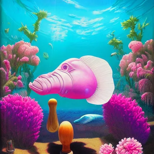 Image similar to RHADS, award winning masterpiece with incredible details, RHADS, a surreal vaporwave vaporwave vaporwave vaporwave vaporwave painting by RHADS of an old pink mannequin head with flowers growing out, sinking underwater, highly detailed RHADS