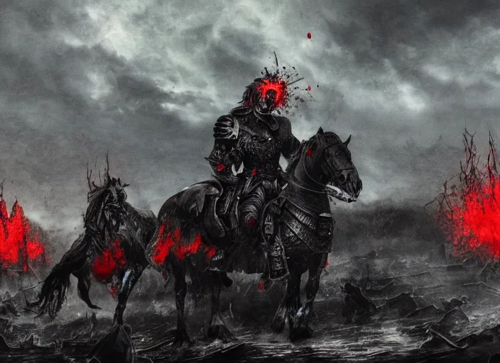 Prompt: a large man in full plate of black armor, splattered in blood, steaming rising, riding a large black horse with red glowing eyes and red wisps emanating from horses eyes, blackened clouds cover sky crackling with lightning and rain in the distance, a castle in distance in flames and ruins, the ground is dark and cracked,