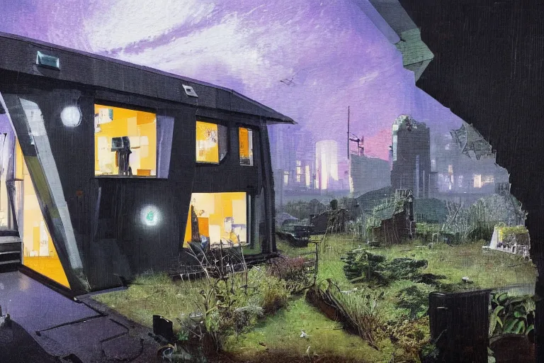 Prompt: an estate agent listing photo, external view of a 5 bedroom detached cyberpunk house in the UK, by Paul Lehr