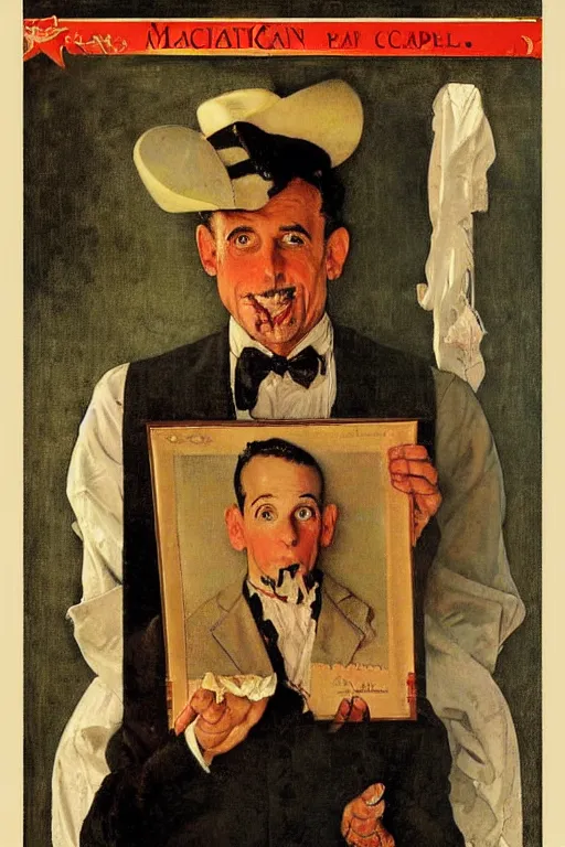 Image similar to magician pepo capel portrait by norman rockwell, 1900s magiacian poster style