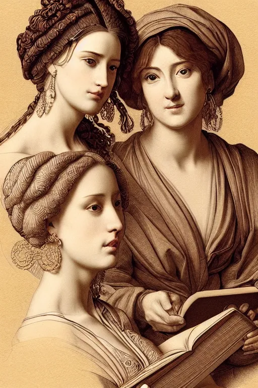 Image similar to portrait of two wise and very beautiful women reviewing some texts, art by tiziano, intricate, elegant, highly detailed, smooth, sharp focus, artstation