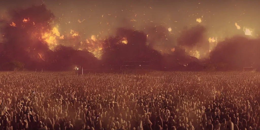 Prompt: realistic cinematic views of a orwellian coachella with fires in the background and dead seagulls falling from the sky in front of the main stage, realistic, cinematic, newspaper, dramatic lighting, depth of field background by victor mosquera, misty, terror glow, unreal engine 5 render, 3 5 mm film grain