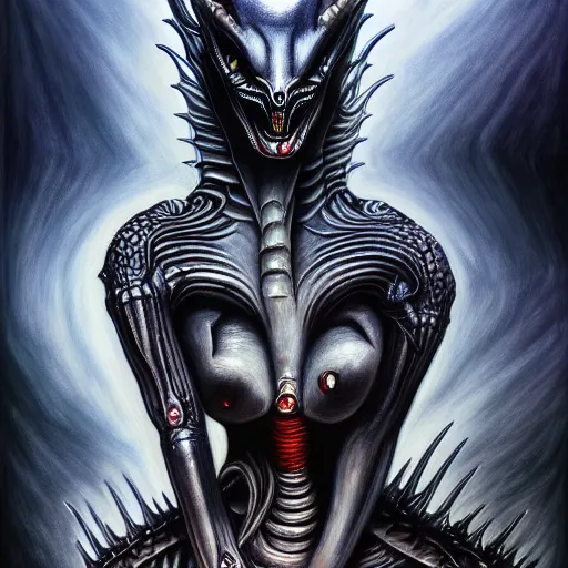 Image similar to Giger portrait of queen dragon, Dragon in dragon lair, HD, full body dragon concept, flying dragon, soft shading, hyperdetailed, wide angle lens, fantasy, futuristic horror, style of giger