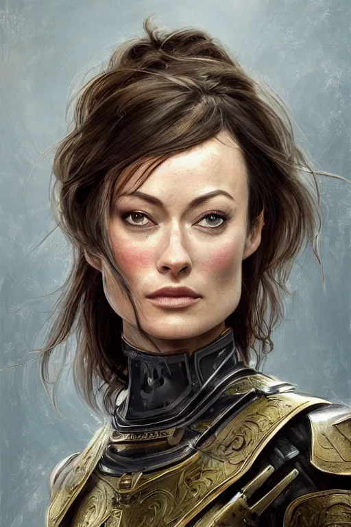 Image similar to a professionally painted portrait of Olivia Wilde, clothed in ancient battle armor, olive skin, long dark hair, beautiful bone structure, symmetrical facial features, intricate, elegant, digital painting, trending on Artstation, concept art, smooth, sharp focus, illustration, from Metal Gear by Ruan Jia and Mandy Jurgens and Artgerm and and william-adolphe bouguerea, award winning