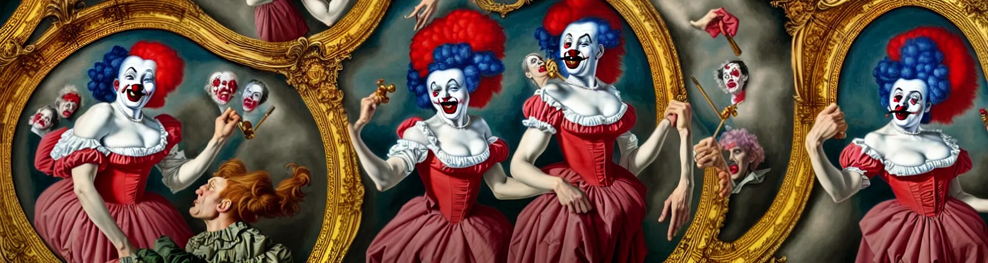 Prompt: a clownish, triumphant, and ultradetailed mural, depicting a hundred unique framed hyperrealist rococo vampire portraits