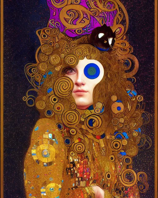 Image similar to magician cat portrait an oil painting splashes with many colors and shapes by gustav klimt greg rutkowski and alphonse mucha, polycount, generative art, psychedelic, fractalism, glitch art